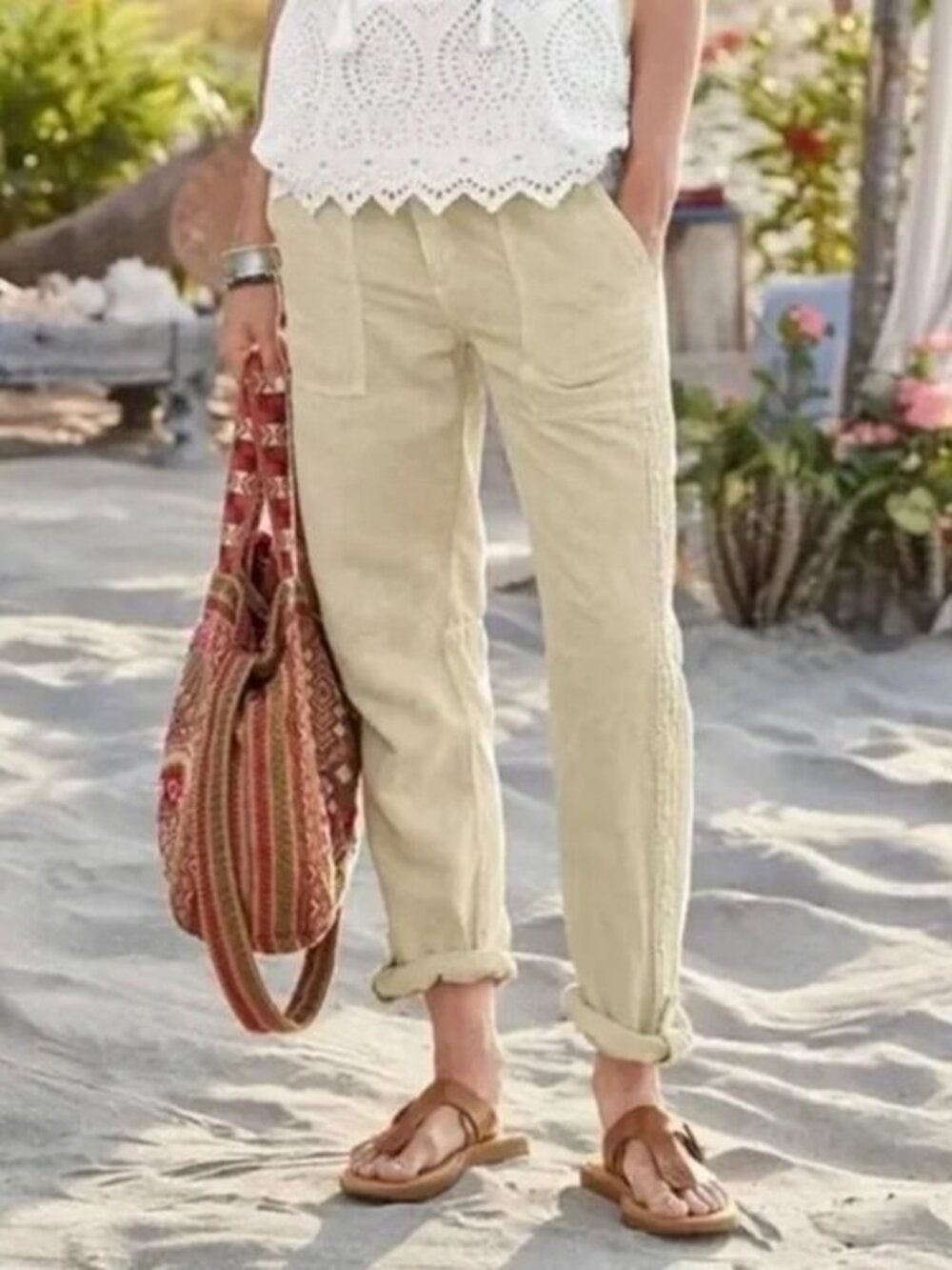 Sundance Organia Linen Cotton Lace Panel Pants Size 6 Boho Roll Tab Crop Hem